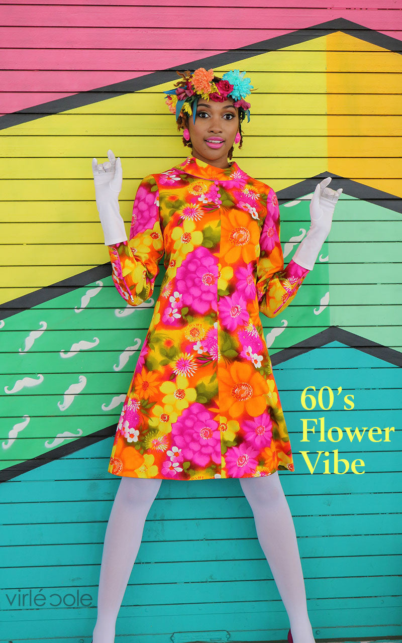60's Vintage Flower Print Mod Style Shift Dress Vibrant Color Size