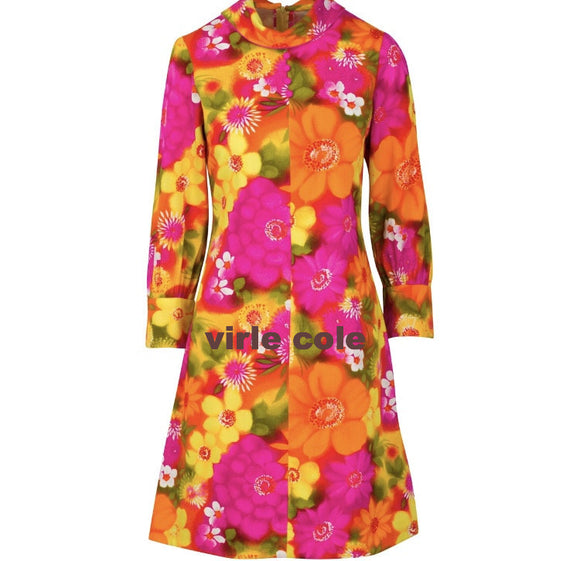 60's Vintage Flower Print Mod Style Shift Dress Vibrant Color Size 3/4