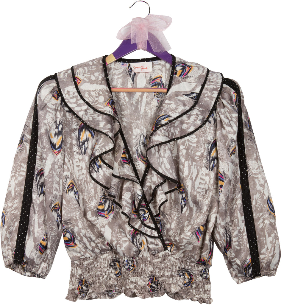 80's Vintage Ruffle Multicolor Floral Print Blouse